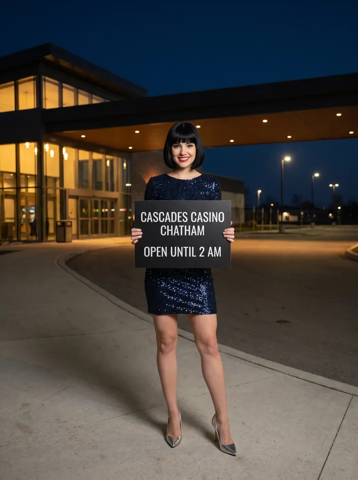 A young woman with a black bob in a navy sequin mini dress stands at night outside a modern casino entrance, holding a black sign that reads Cascades Casino Chatham, open until 2 AM.